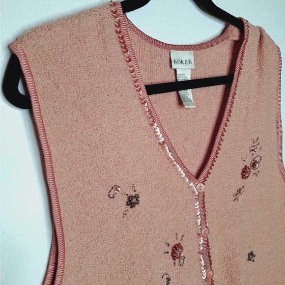 Vintage Koret Sweater Vest Medium Wool Blend Boxy Oversized Beaded Sequined Pink - Picture 7 of 8